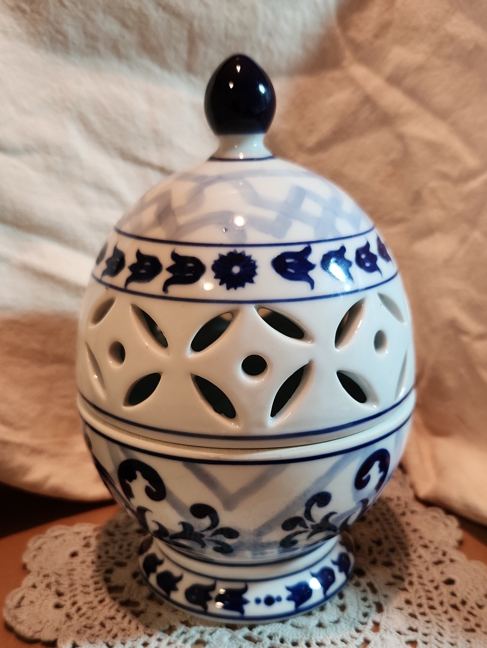 Bombay Blue and White Ceramic Lantern with Cutwork